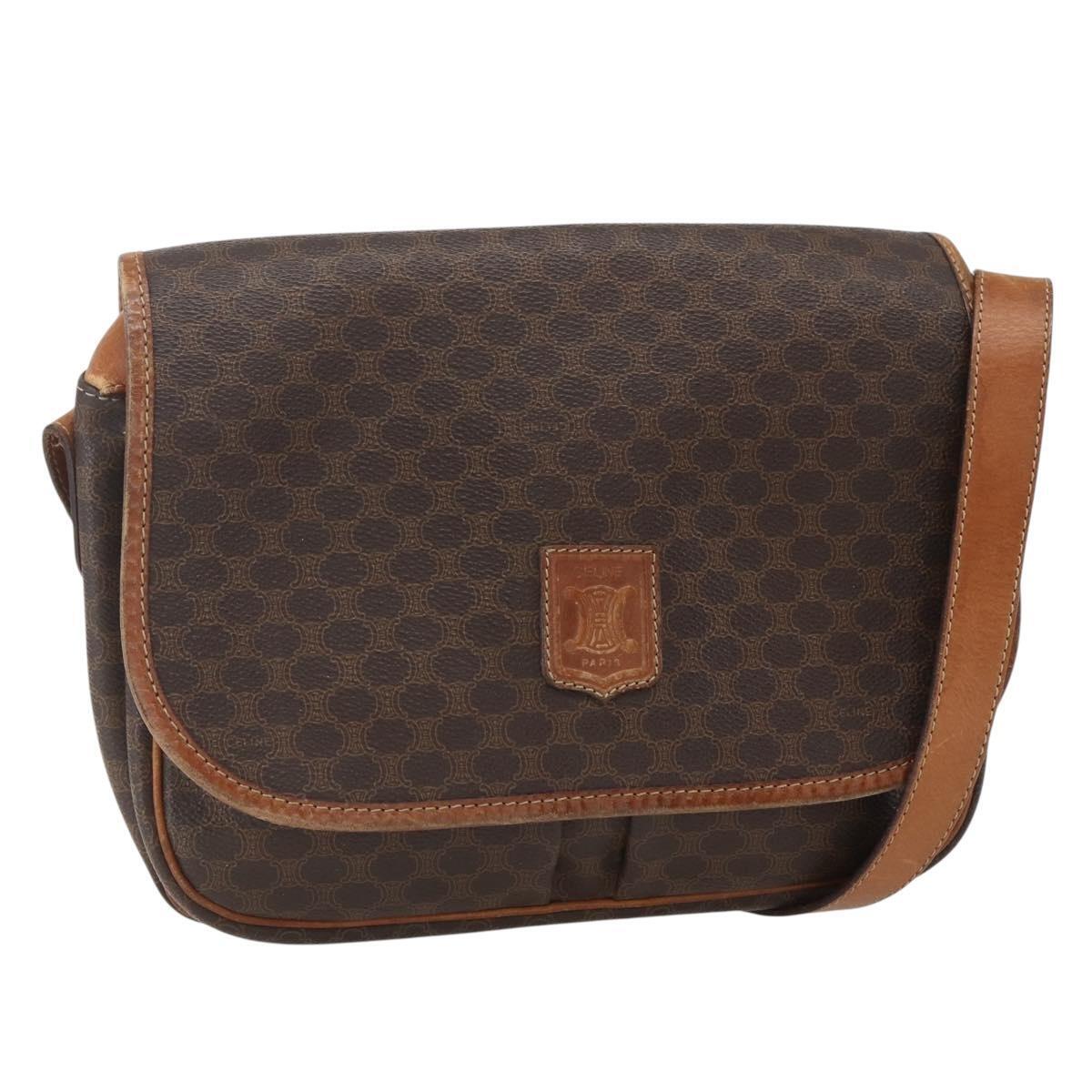 Celine Macadam Canvas Shoulder Bag Pvc Leather Brown Gold Auth 155935
